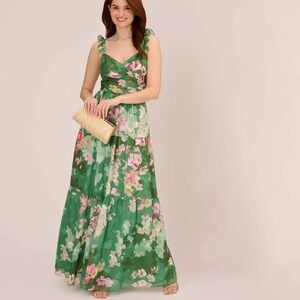 Adrianna Papell Floral Chiffon Tiered Gown With Ruffle